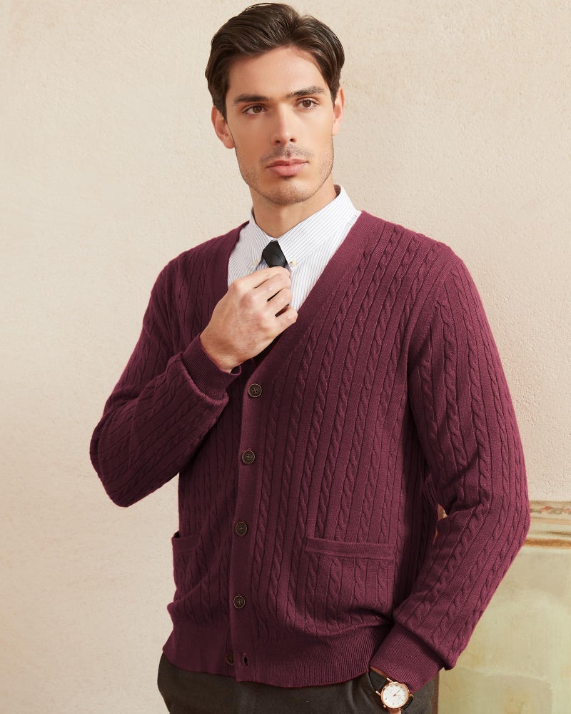 Kallspin Men's Cardigan Sweater Wool Blend Cable Knit V Neck Buttons Cardigan with Pockets(Burgundy Red, Medium) - Image 5
